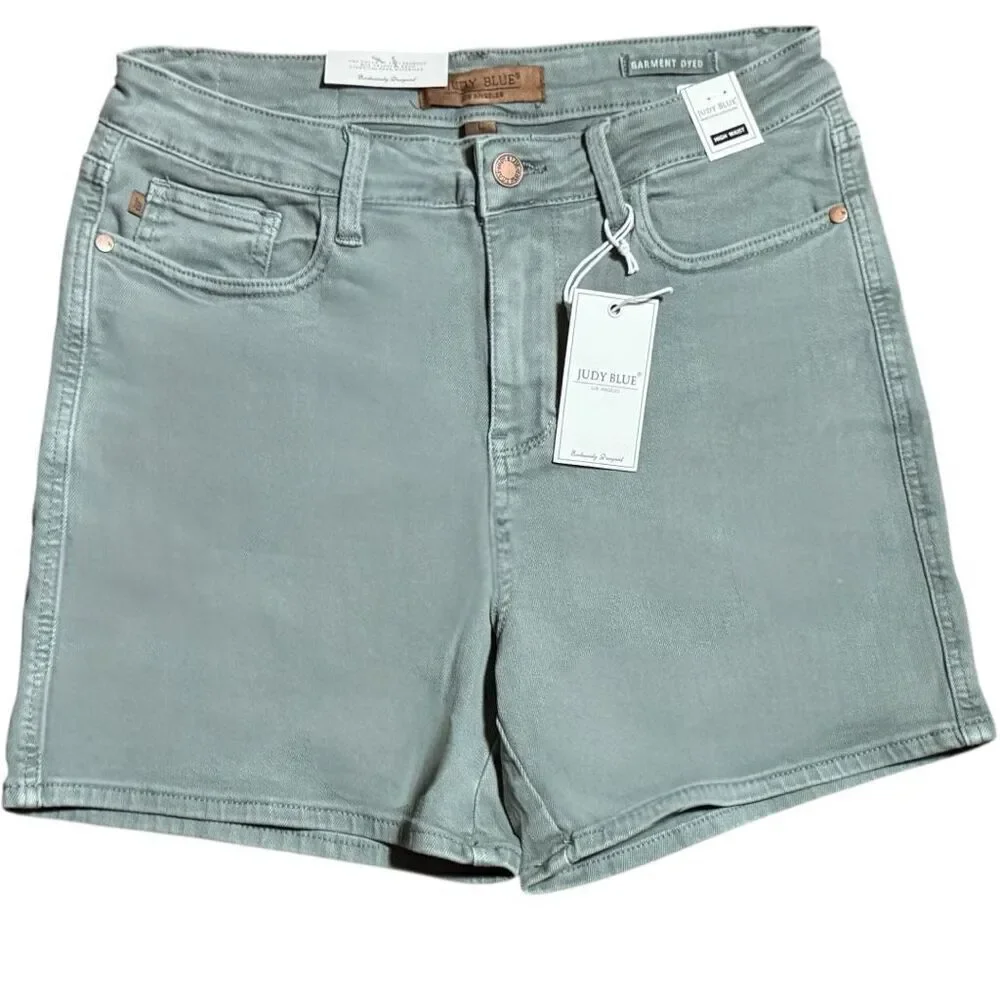 Judy Blue High Rise Stretch Denim Garment Dyed Shorts - Sage Green Large NWT